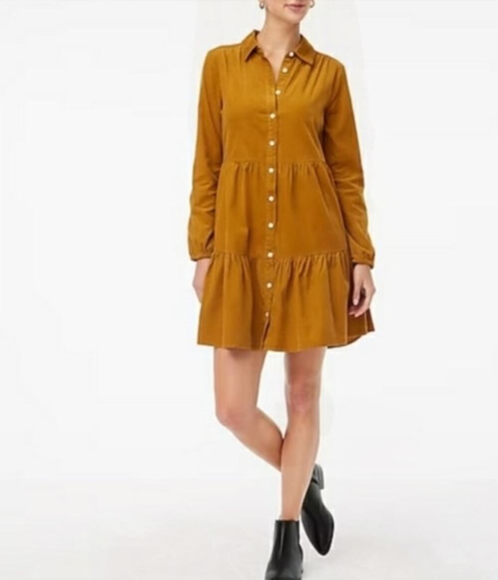 J.Crew Tiered Corduroy Shirtdress Size 4 Mustard Brown Button Front Fall Dress